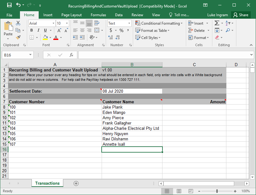 Excel transaction file